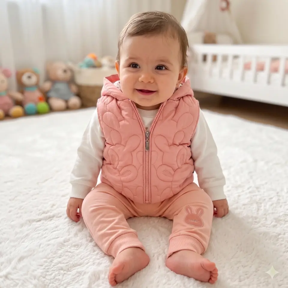 Baby Hi Bebek Tavşan Kabartmalı Kapüşonlu Yelekli %100 Pamuk 3'lü Takım