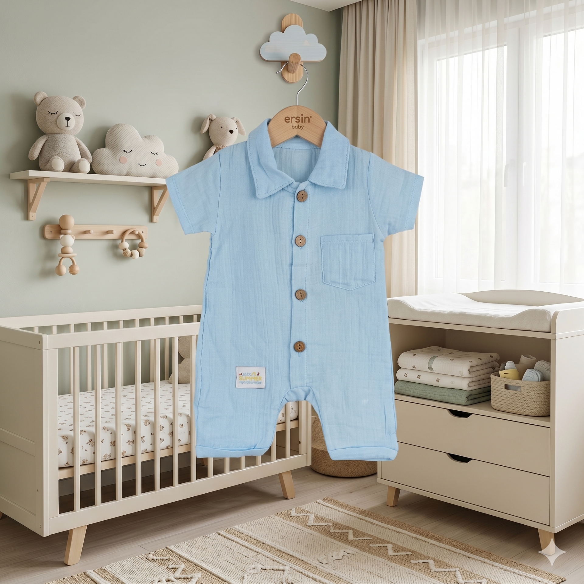 Erkek Bebek Müslin Tulum 6-9 aylık - Mavi
