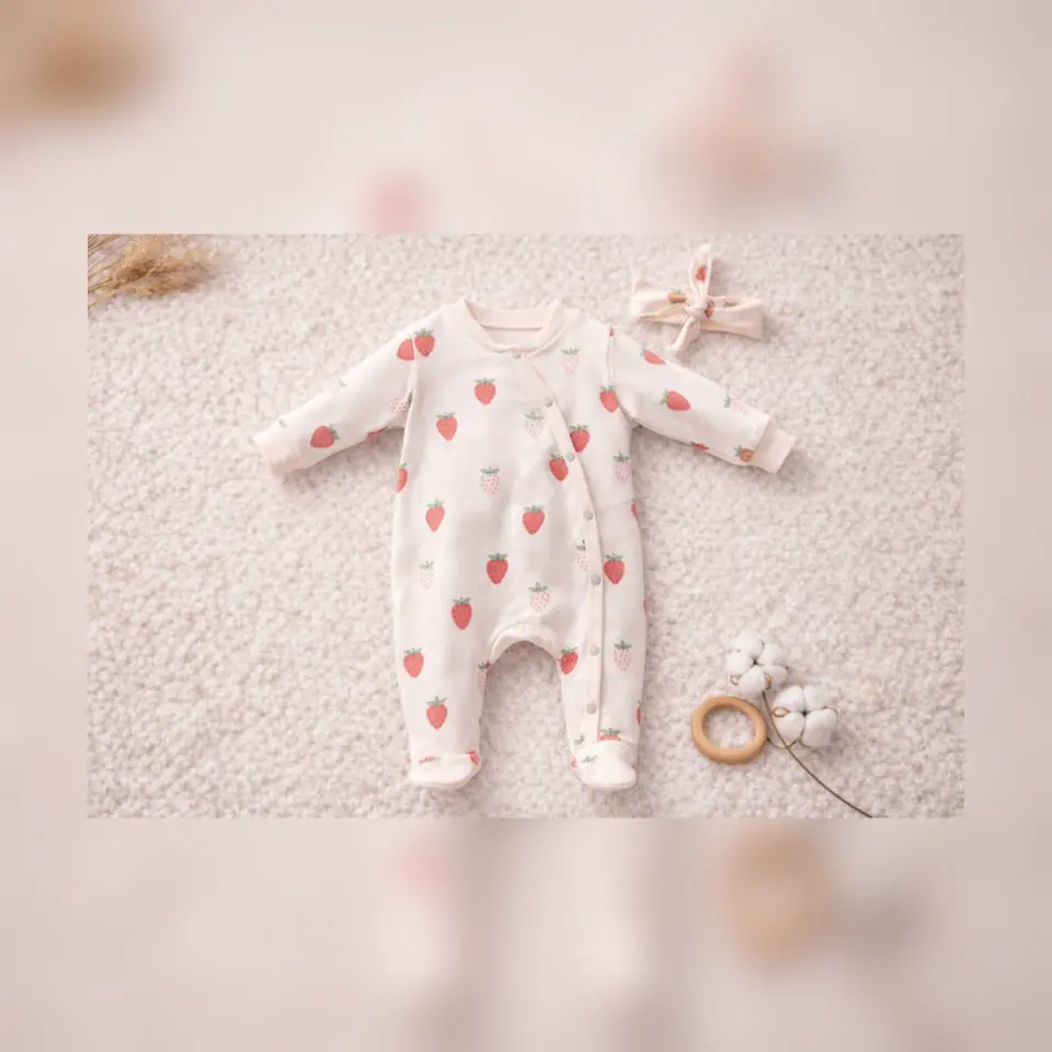 Organik Çilek Desenli Bebek Tulumu