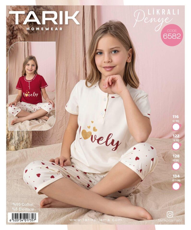 Kalp Desenli Kız Çocuk Pijama Takımı Ekru - 10-11 yaş