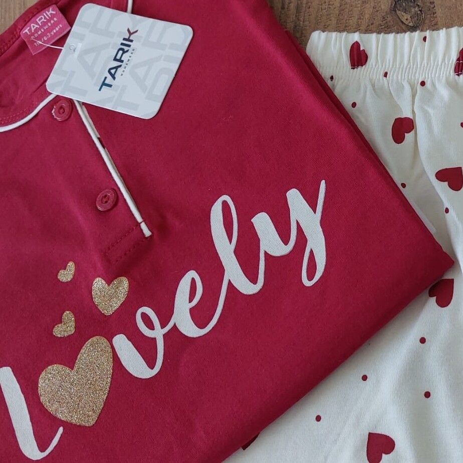 Kalp Desenli Kız Çocuk Pijama Takımı Kırmızı - 10-11 yaş