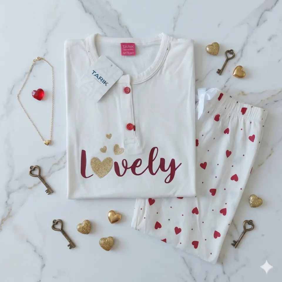 Kalp Desenli Kız Çocuk Pijama Takımı Ekru - 14-15 yaş