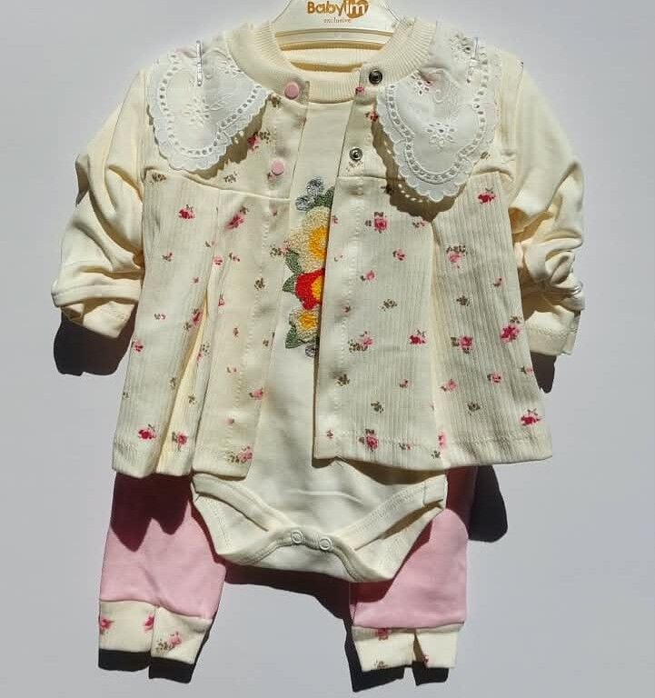 Çiçek Nakışlı Dantel Yakalı Bebek Takımı-Pembe