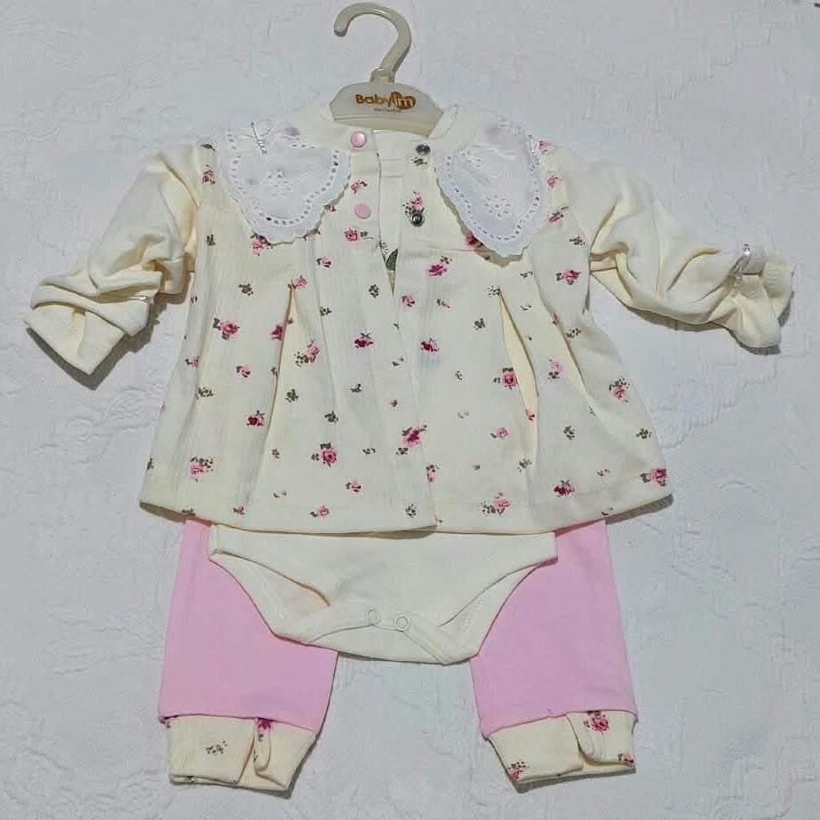 Çiçek Nakışlı Dantel Yakalı Bebek Takımı-Pembe