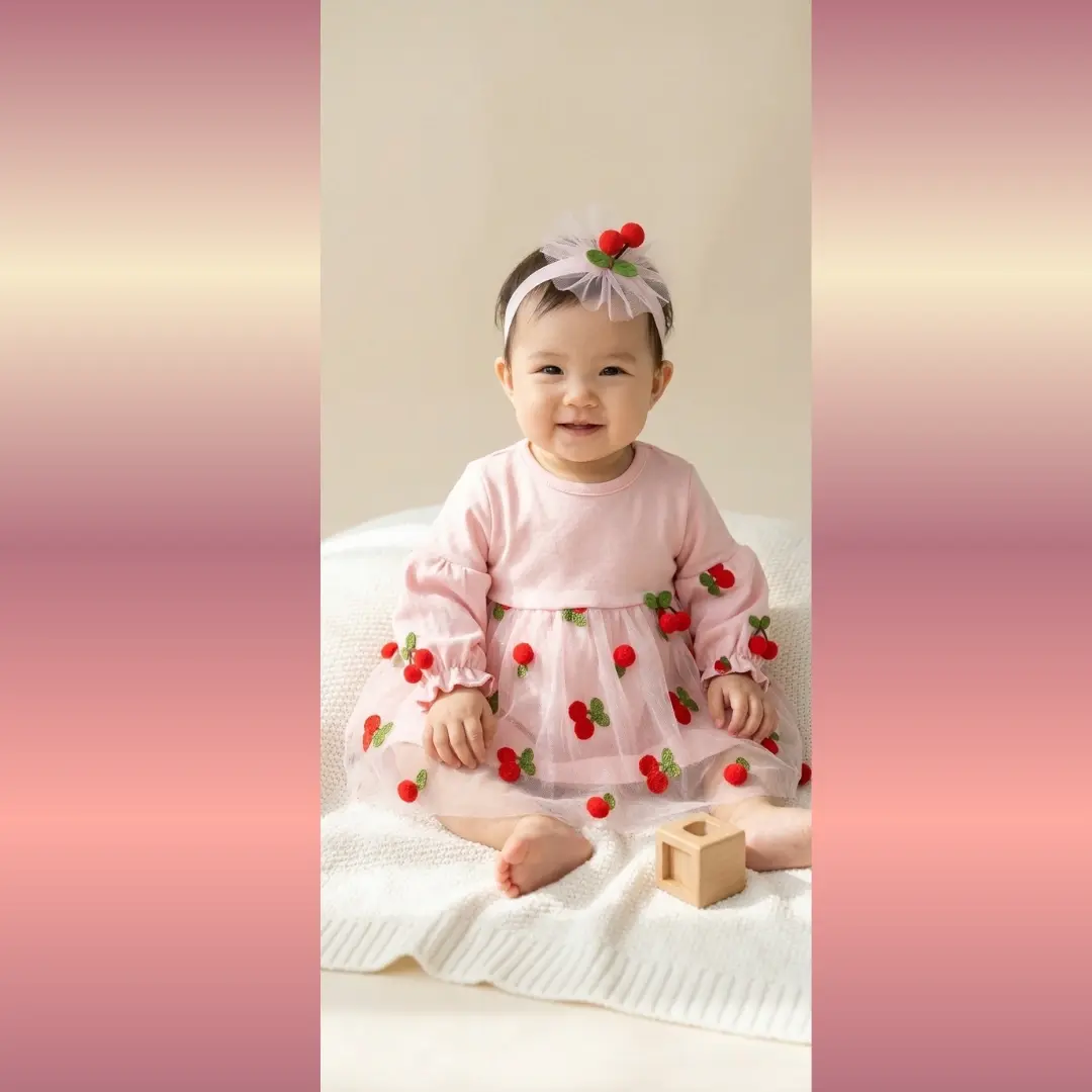 Kız Bebek Pembe Kiraz Nakışlı Tül Elbise ve Saç Bandı Takımı | Mutlu Yuvam