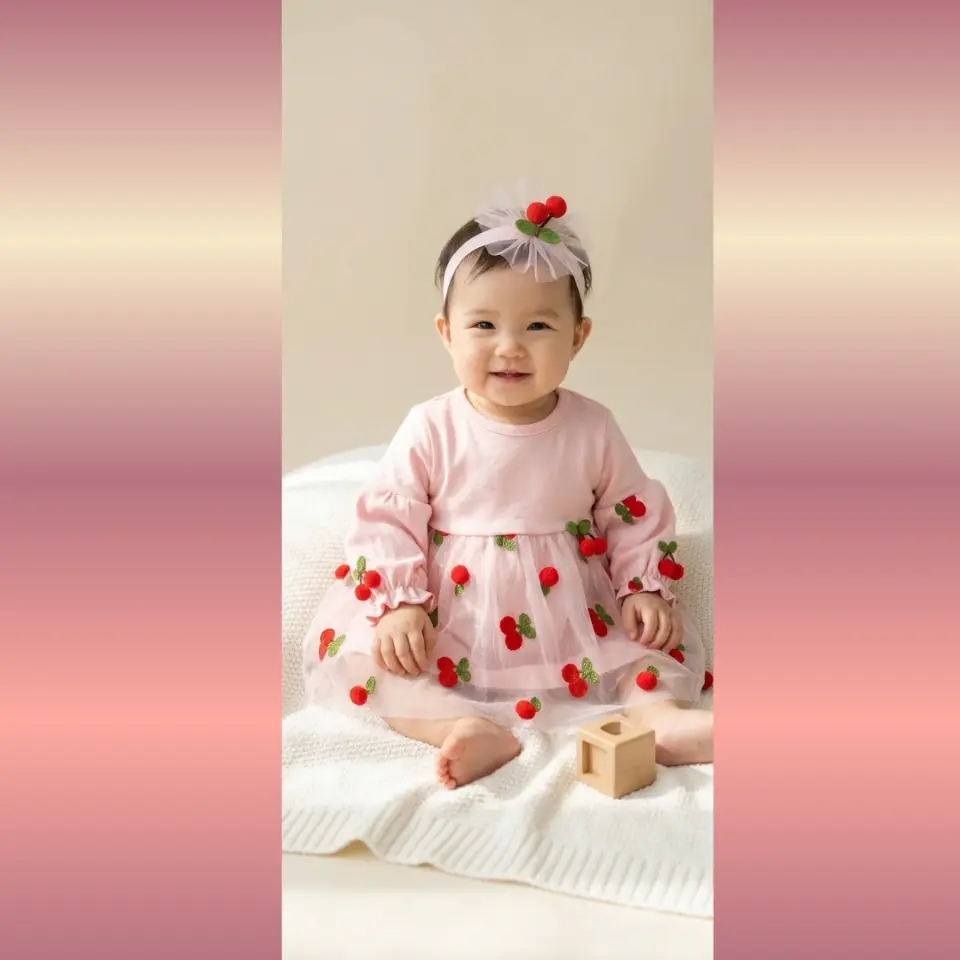Kız Bebek Pembe Kiraz Nakışlı Tül Elbise ve Saç Bandı Takımı | Mutlu Yuvam