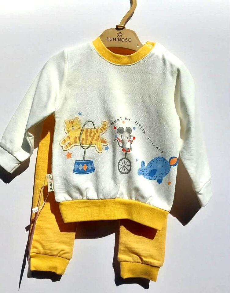 Pamuklu Desenli Erkek Bebek Eşofman Takımı - Sarı
