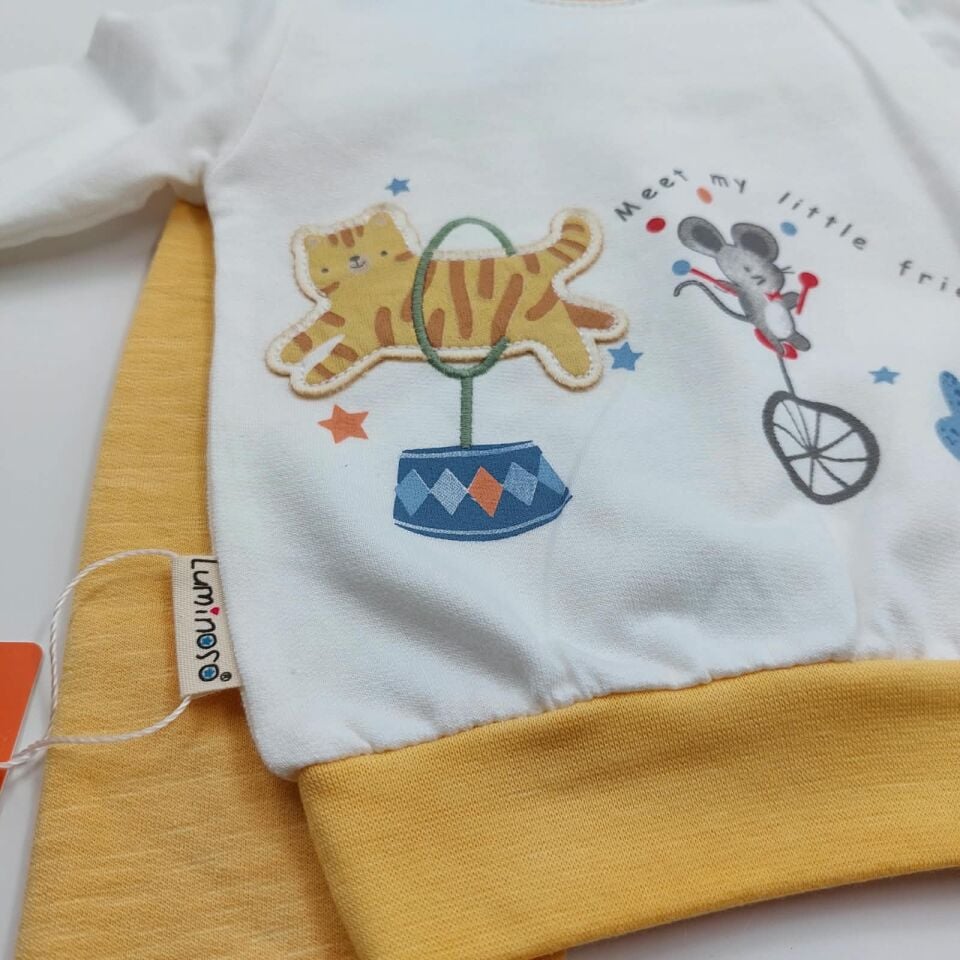 Pamuklu Desenli Erkek Bebek Eşofman Takımı - Sarı