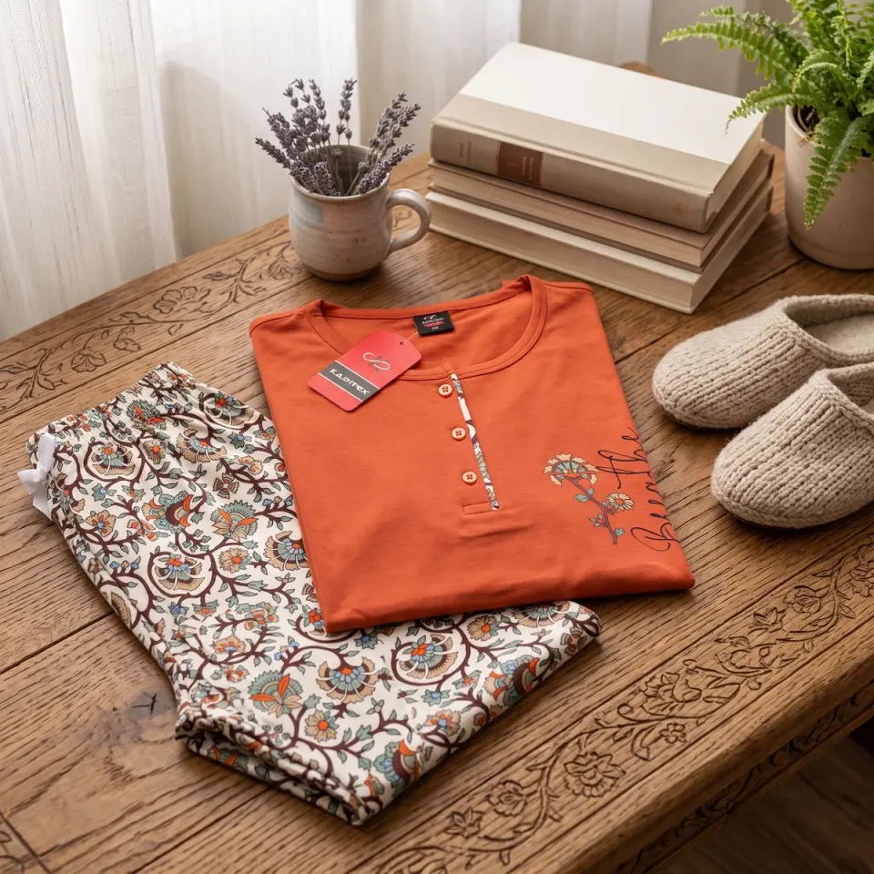 Kapitex Pamuklu Düğme Detaylı Uzun Kollu Kadın Pijama Takımı - Kiremit