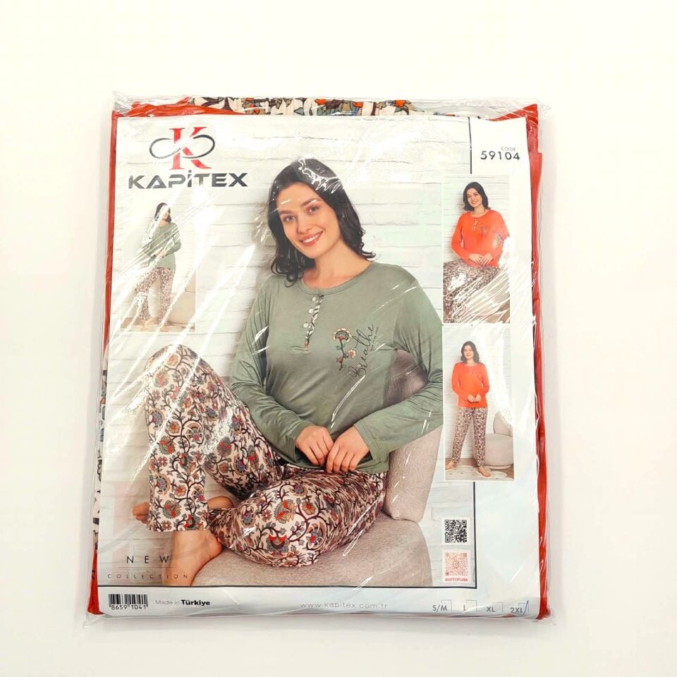 Kapitex Pamuklu Düğme Detaylı Uzun Kollu Kadın Pijama Takımı - Kiremit