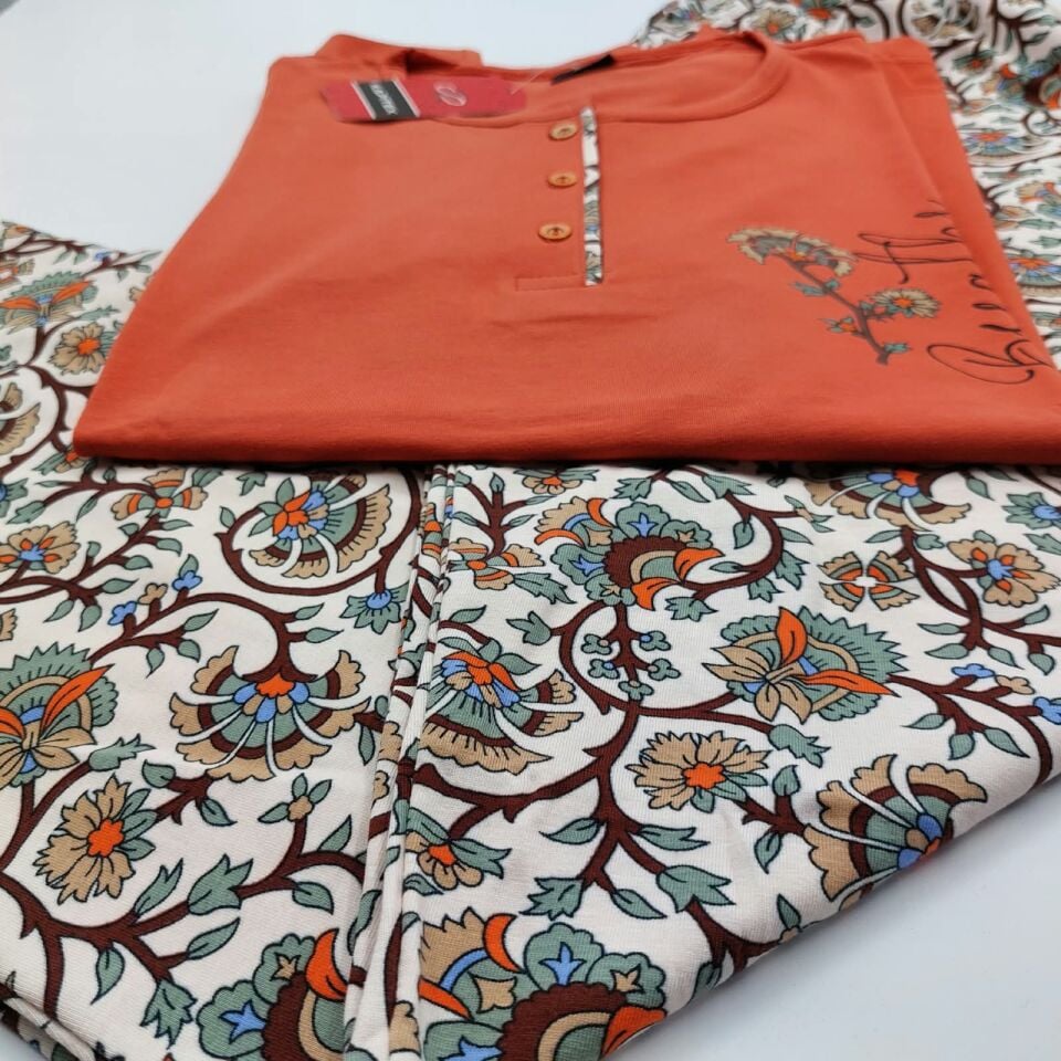 Kapitex Pamuklu Düğme Detaylı Uzun Kollu Kadın Pijama Takımı - Kiremit