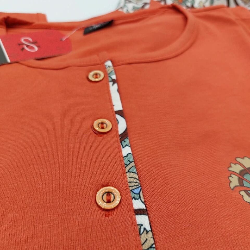 Kapitex Pamuklu Düğme Detaylı Uzun Kollu Kadın Pijama Takımı - Kiremit
