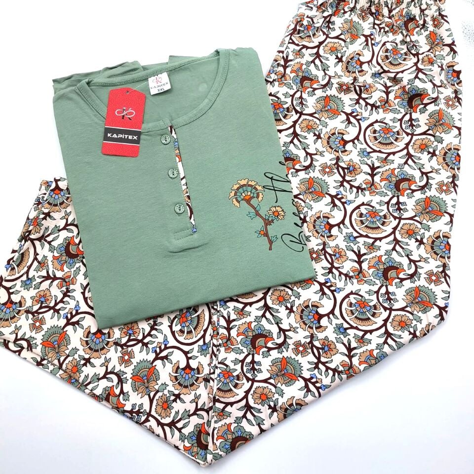 Kapitex Pamuklu Düğme Detaylı Uzun Kollu Kadın Pijama Takımı - Kiremit