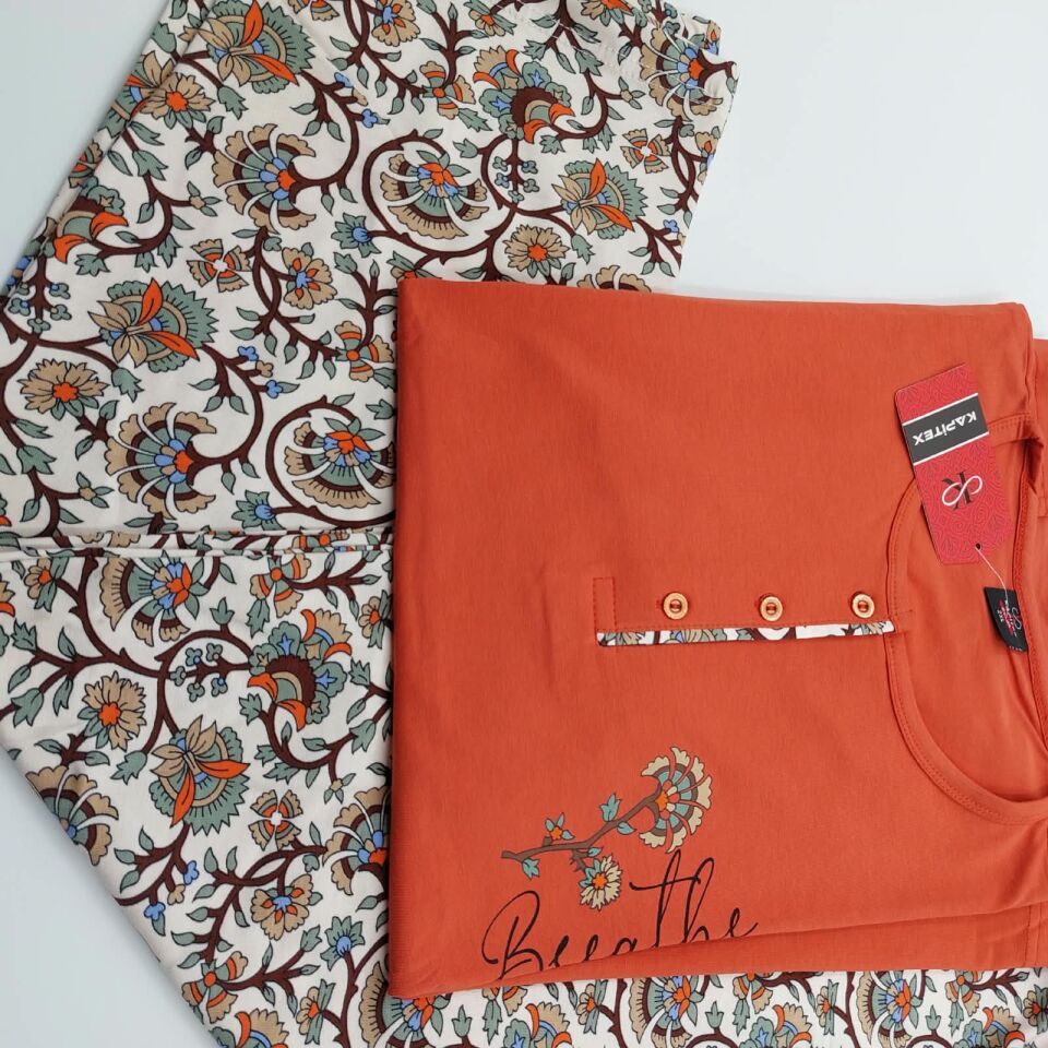 Kapitex Pamuklu Düğme Detaylı Uzun Kollu Kadın Pijama Takımı - Kiremit Kiremit - XL beden