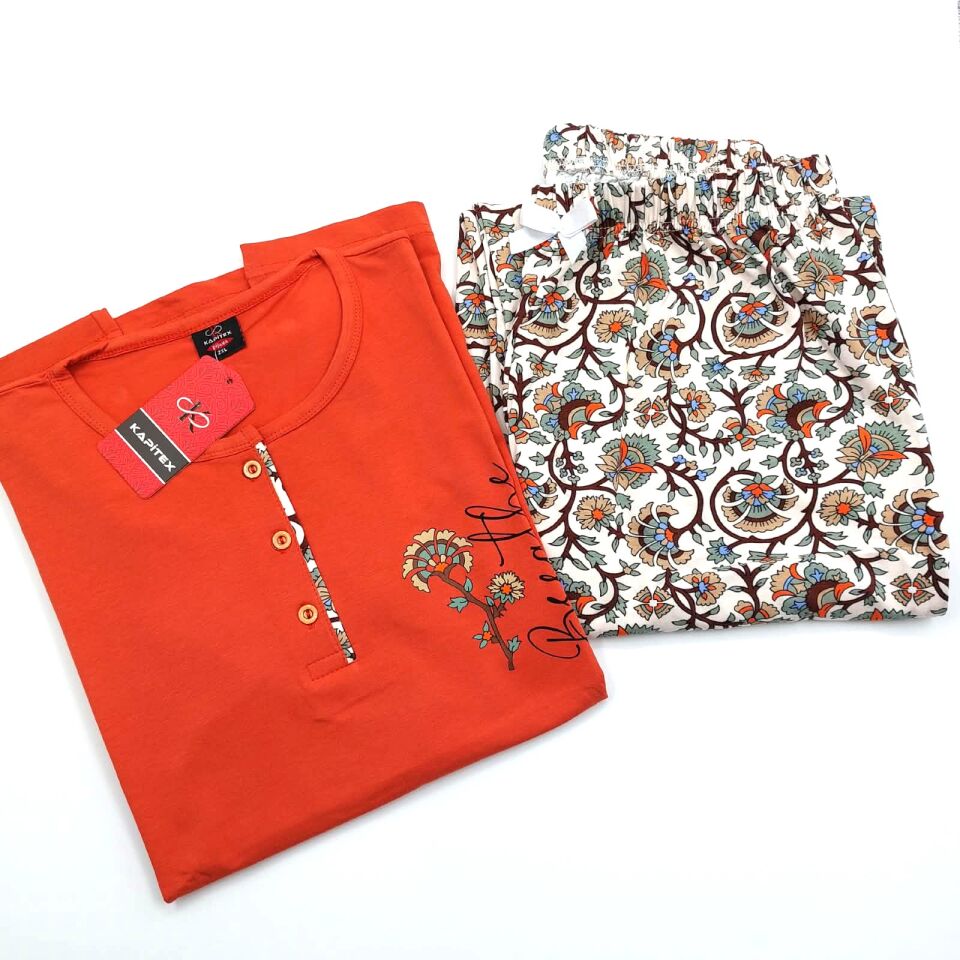 Kapitex Pamuklu Düğme Detaylı Uzun Kollu Kadın Pijama Takımı - Kiremit Kiremit - XXL beden