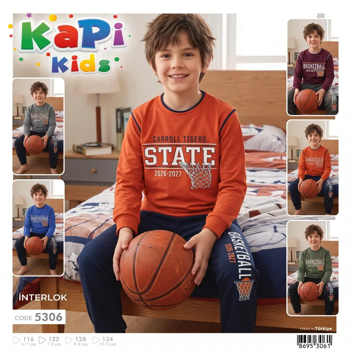 Kapi Kids Kiremit Renk Basketbol Baskılı Erkek Çocuk Pijama Takımı
