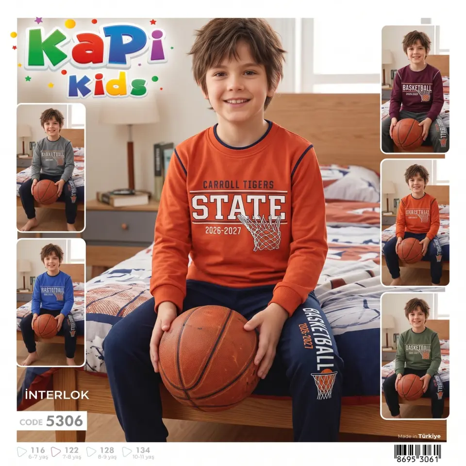 Kapi Kids Kiremit Renk Basketbol Baskılı Erkek Çocuk Pijama Takımı