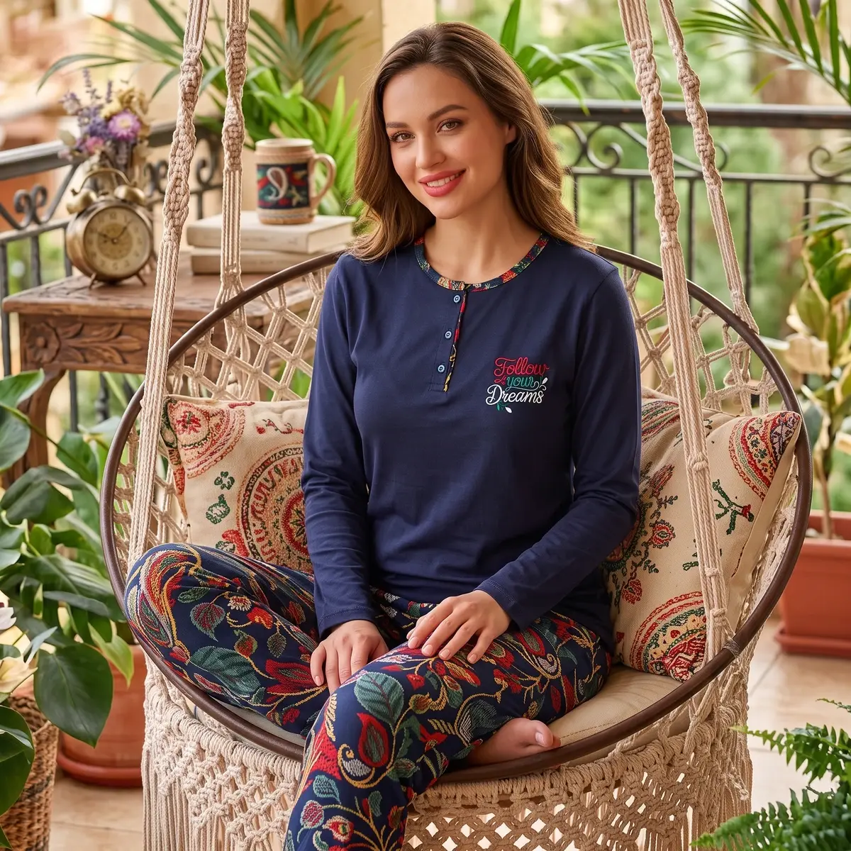 Kadın Pijama Takımı Penye Lacivert Desen Detaylı Düğmeli  | Kapitex