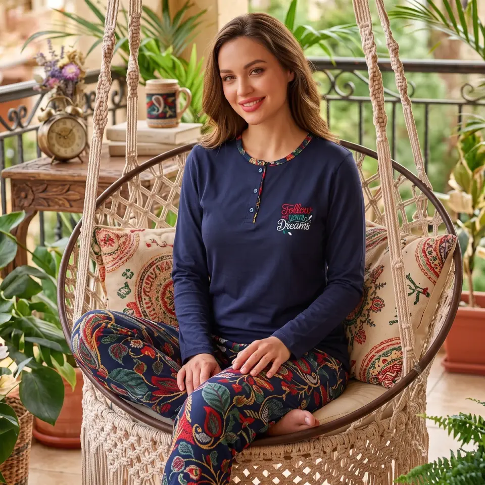 Kadın Pijama Takımı Penye Lacivert Desen Detaylı Düğmeli  | Kapitex