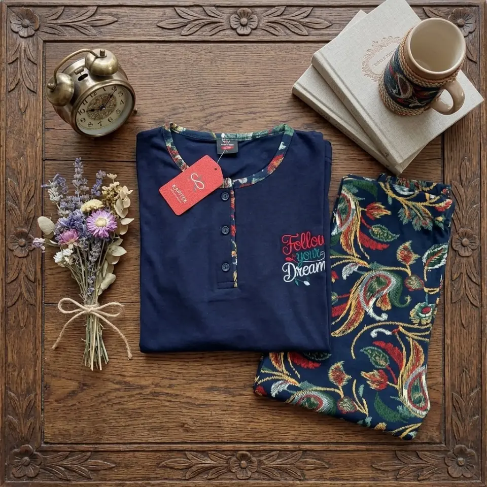 Kadın Pijama Takımı Penye Lacivert Desen Detaylı Düğmeli  | Kapitex