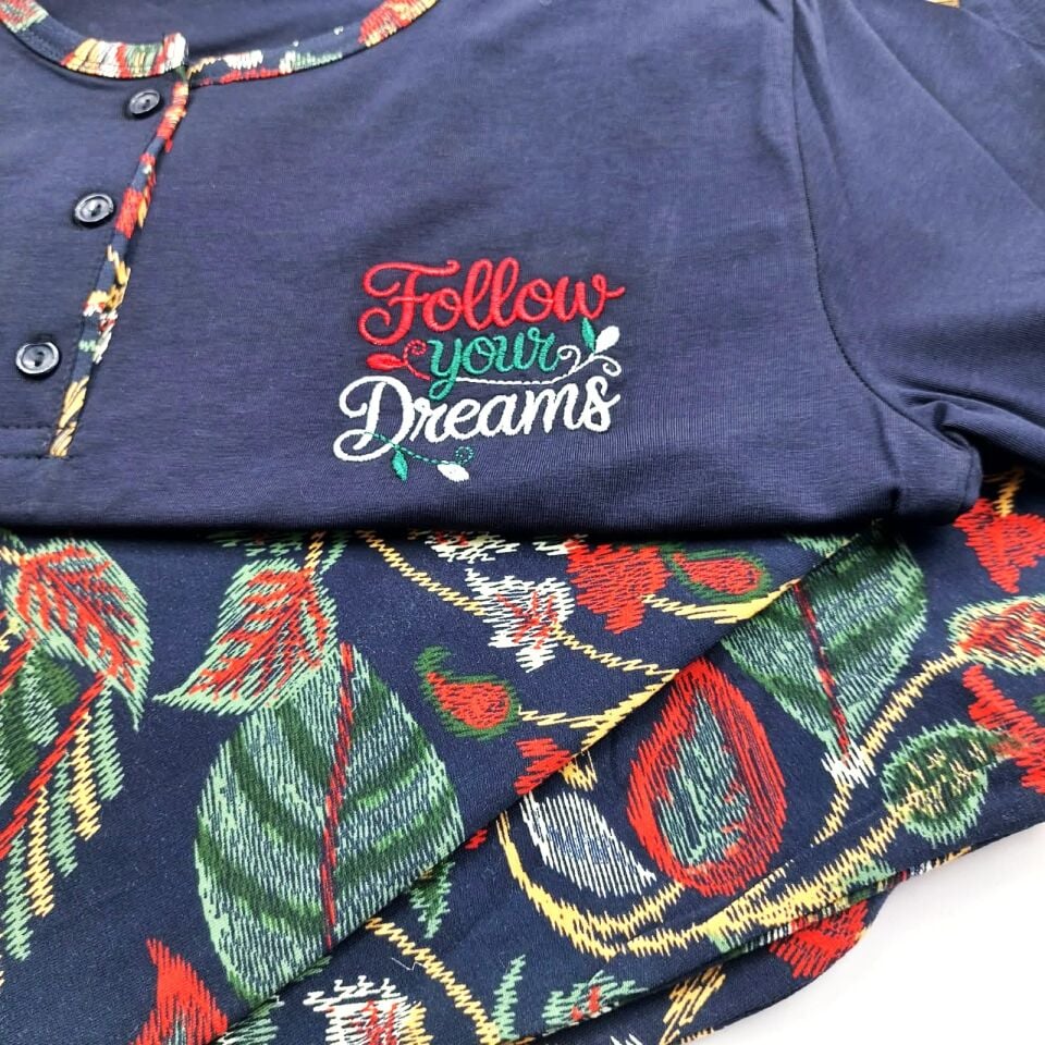 Kadın Pijama Takımı Penye Lacivert Desen Detaylı Düğmeli  | Kapitex