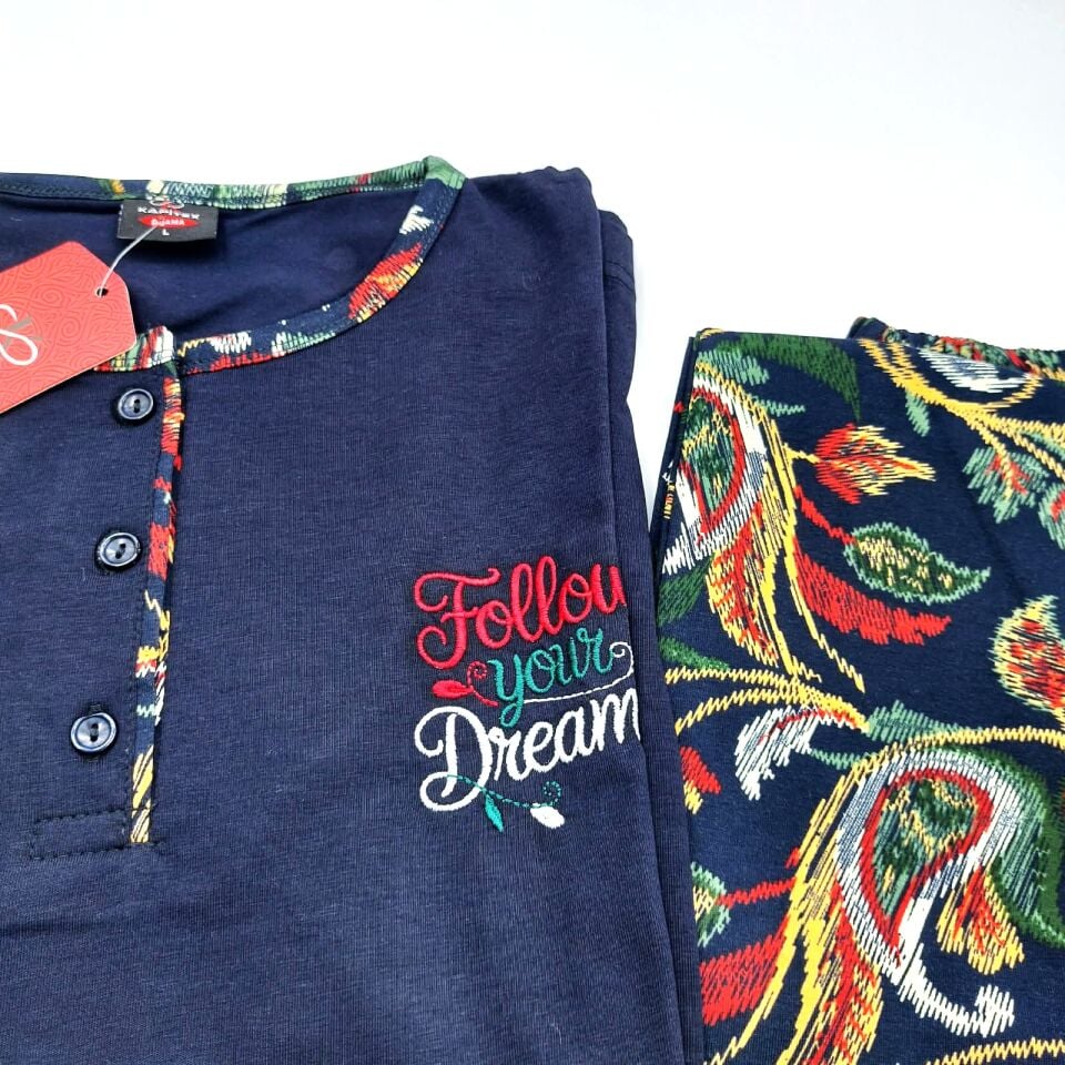 Kadın Pijama Takımı Penye Lacivert Desen Detaylı Düğmeli  | Kapitex
