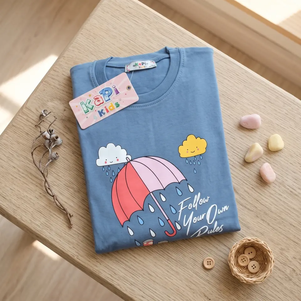 Kız Çocuk Pijama Takımı Mavi Şemsiye Desenli İnterlok | KAPI KIDS
