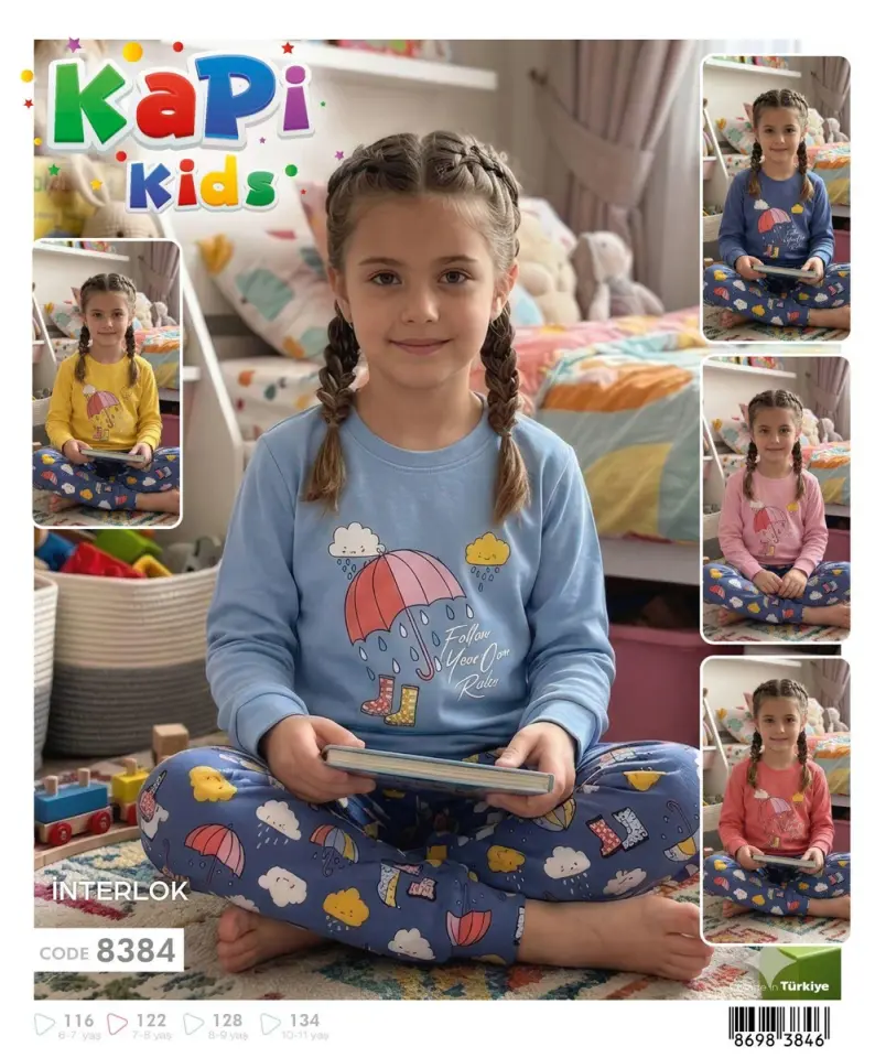 Kız Çocuk Pijama Takımı Mavi Şemsiye Desenli İnterlok | KAPI KIDS