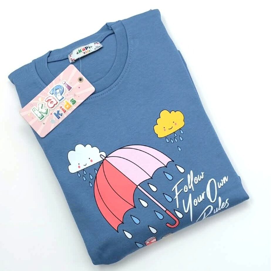 Kız Çocuk Pijama Takımı Mavi Şemsiye Desenli İnterlok | KAPI KIDS