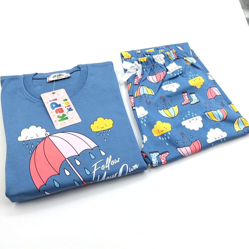 Kız Çocuk Pijama Takımı Mavi Şemsiye Desenli İnterlok | KAPI KIDS