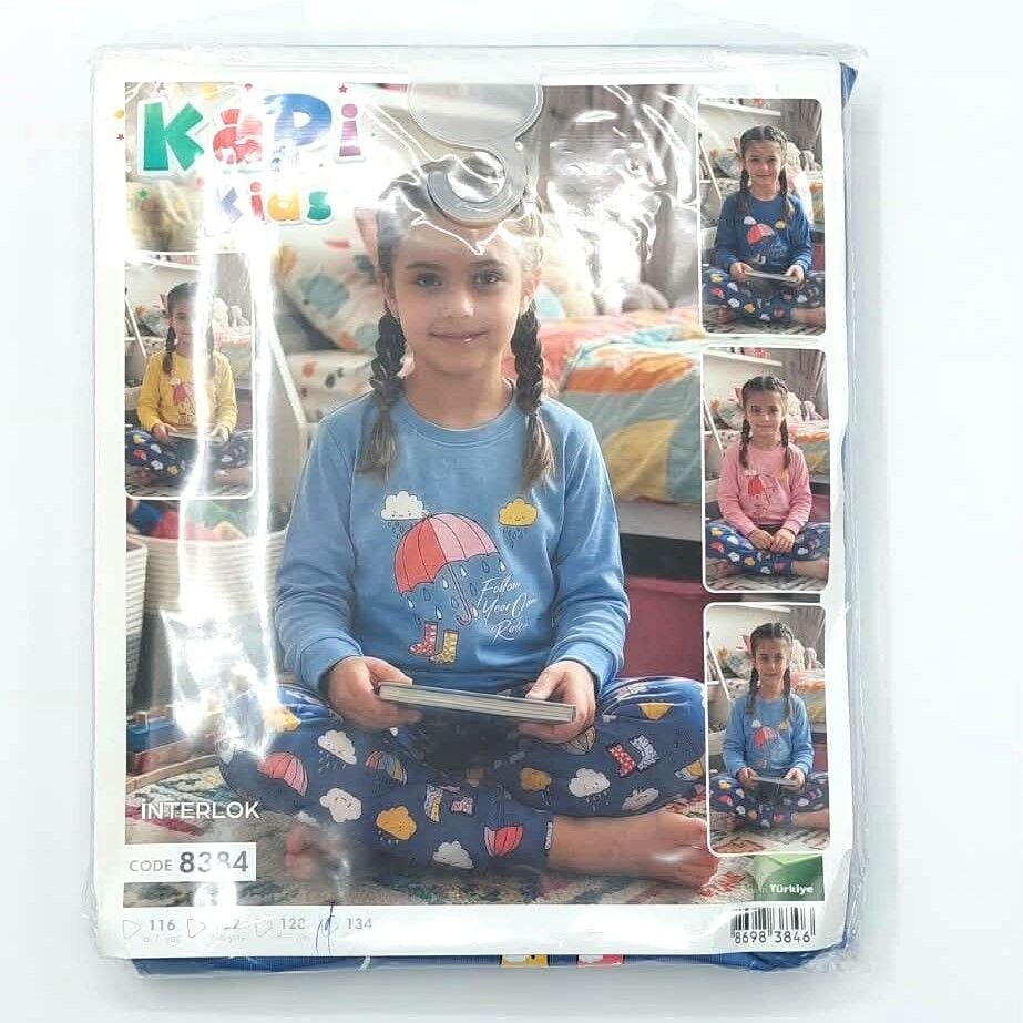 Kız Çocuk Pijama Takımı Mavi Şemsiye Desenli İnterlok | KAPI KIDS