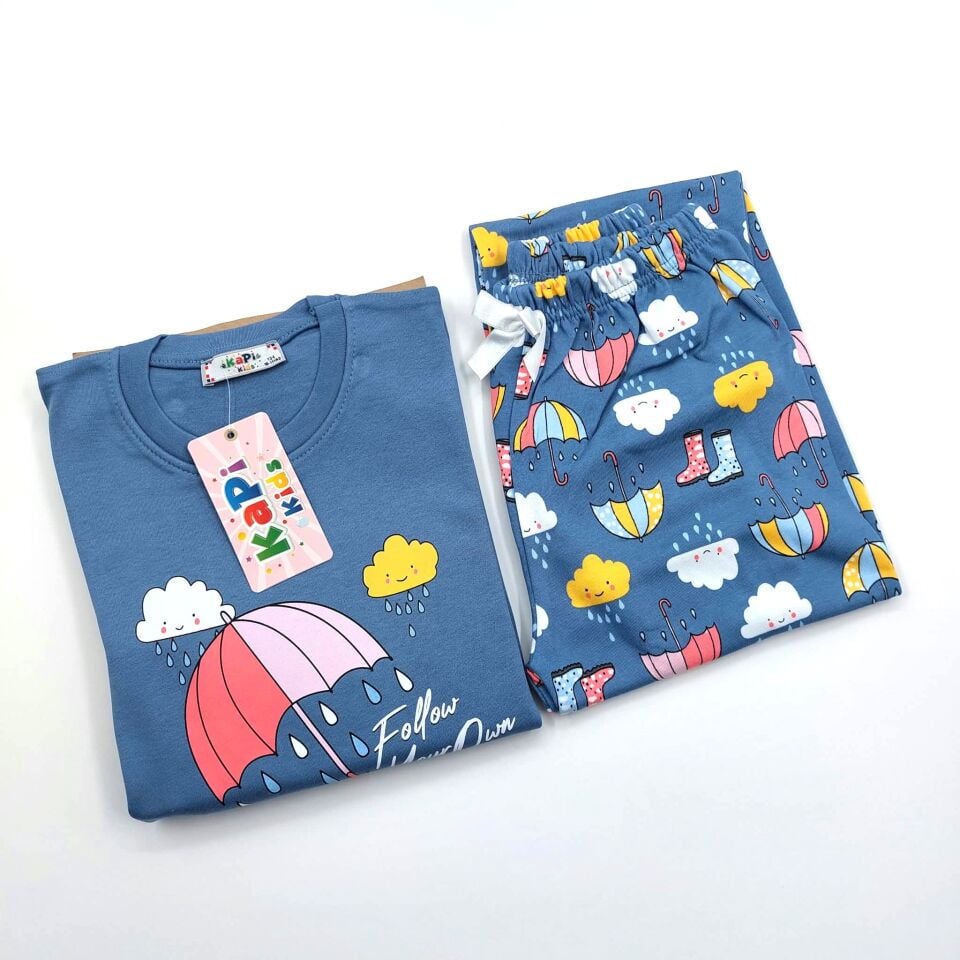 Kız Çocuk Pijama Takımı Mavi Şemsiye Desenli İnterlok | KAPI KIDS