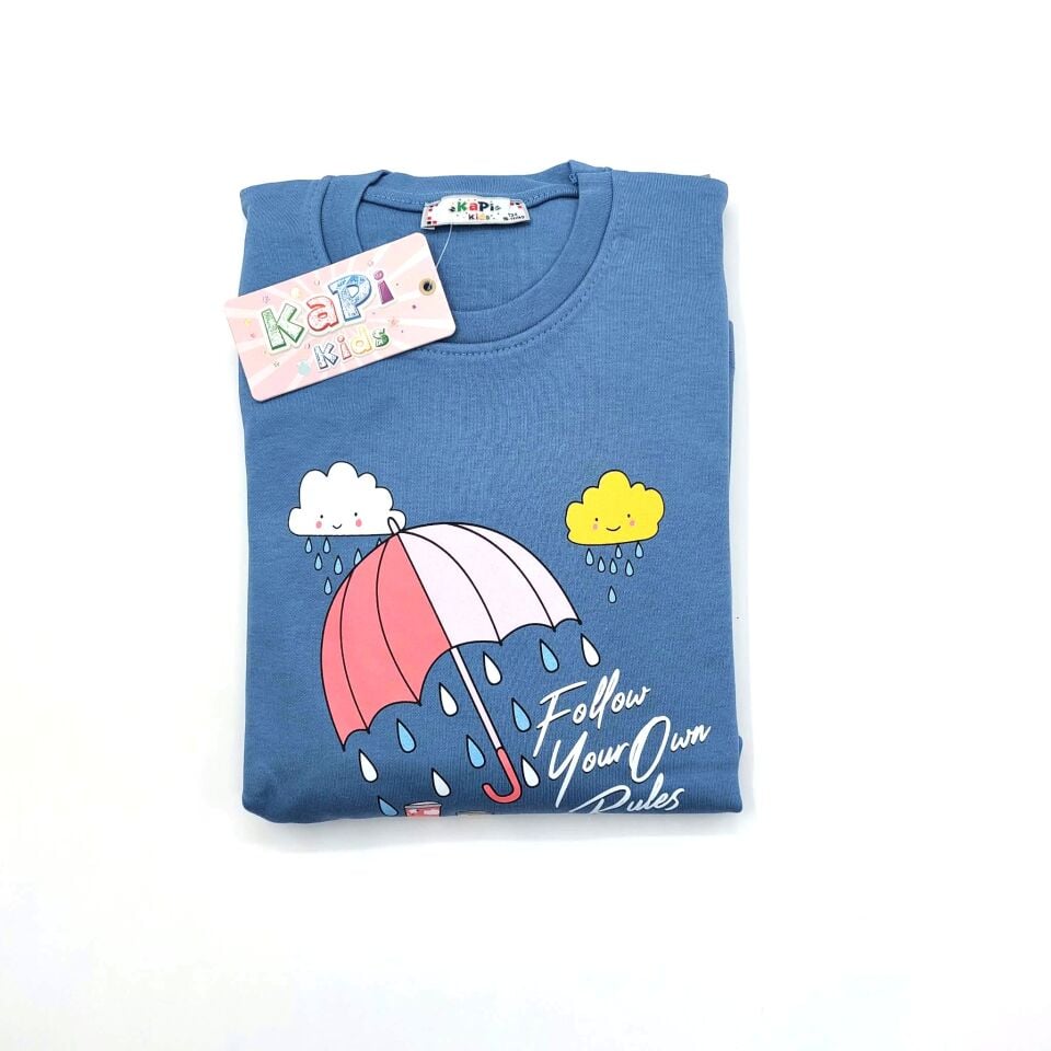 Kız Çocuk Pijama Takımı Mavi Şemsiye Desenli İnterlok | KAPI KIDS