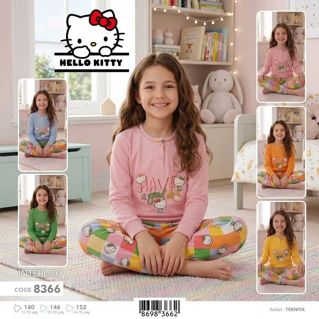 Hello Kitty Lisanslı Kız Çocuk Pijama Takımı - İnterlok Pamuklu 8366